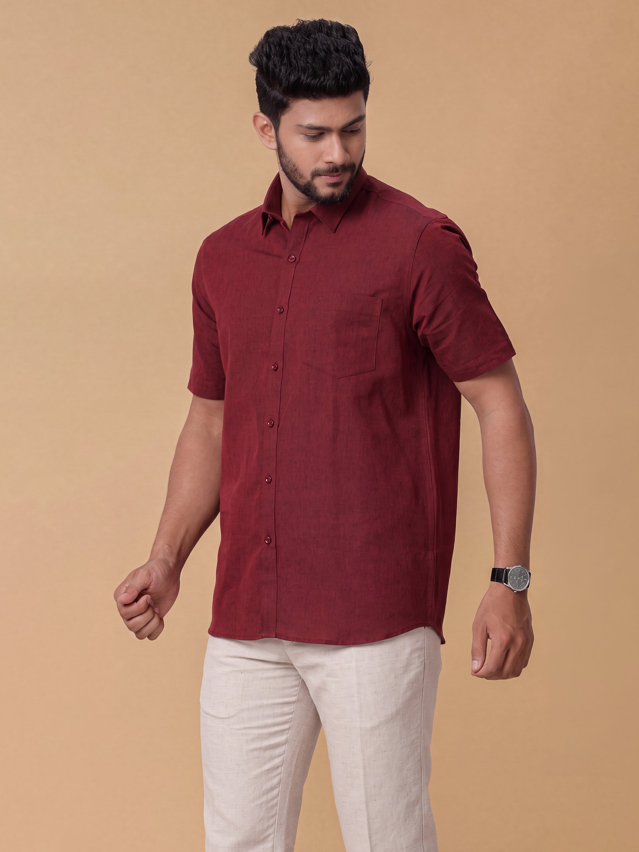 Linen Cotton Maroon Regular Fit Shirt LF14