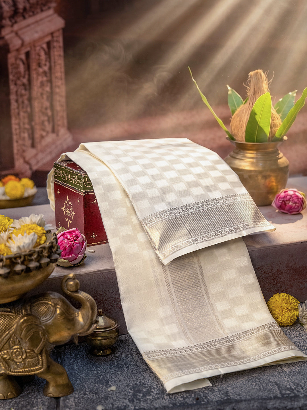 Pure Silk Cream Jangla Design Weaving Dhoti with 3" Gold Jari Border – Kalasam