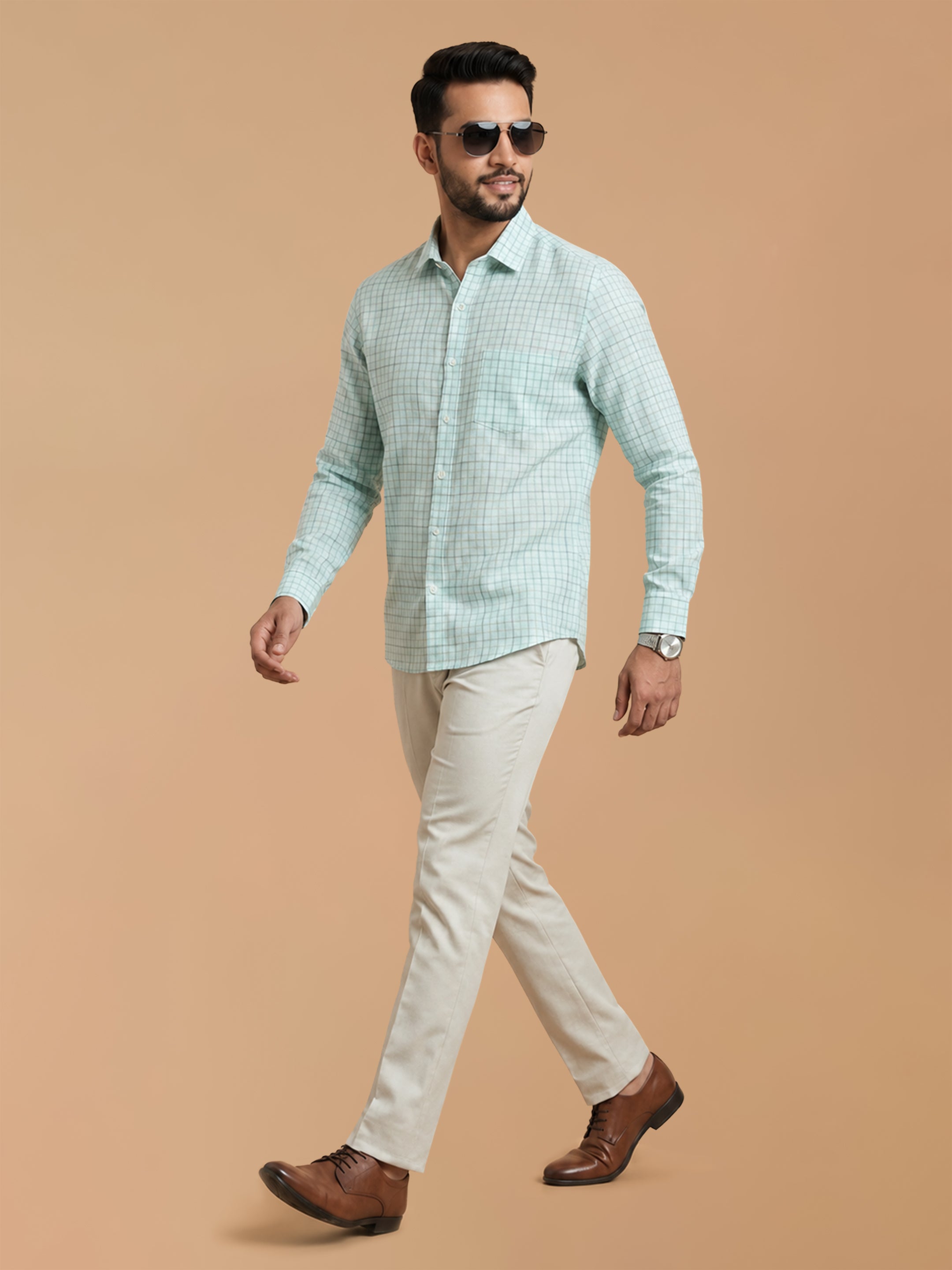 Pure Linen LT Blue Checked Smart Fit Shirt LS147