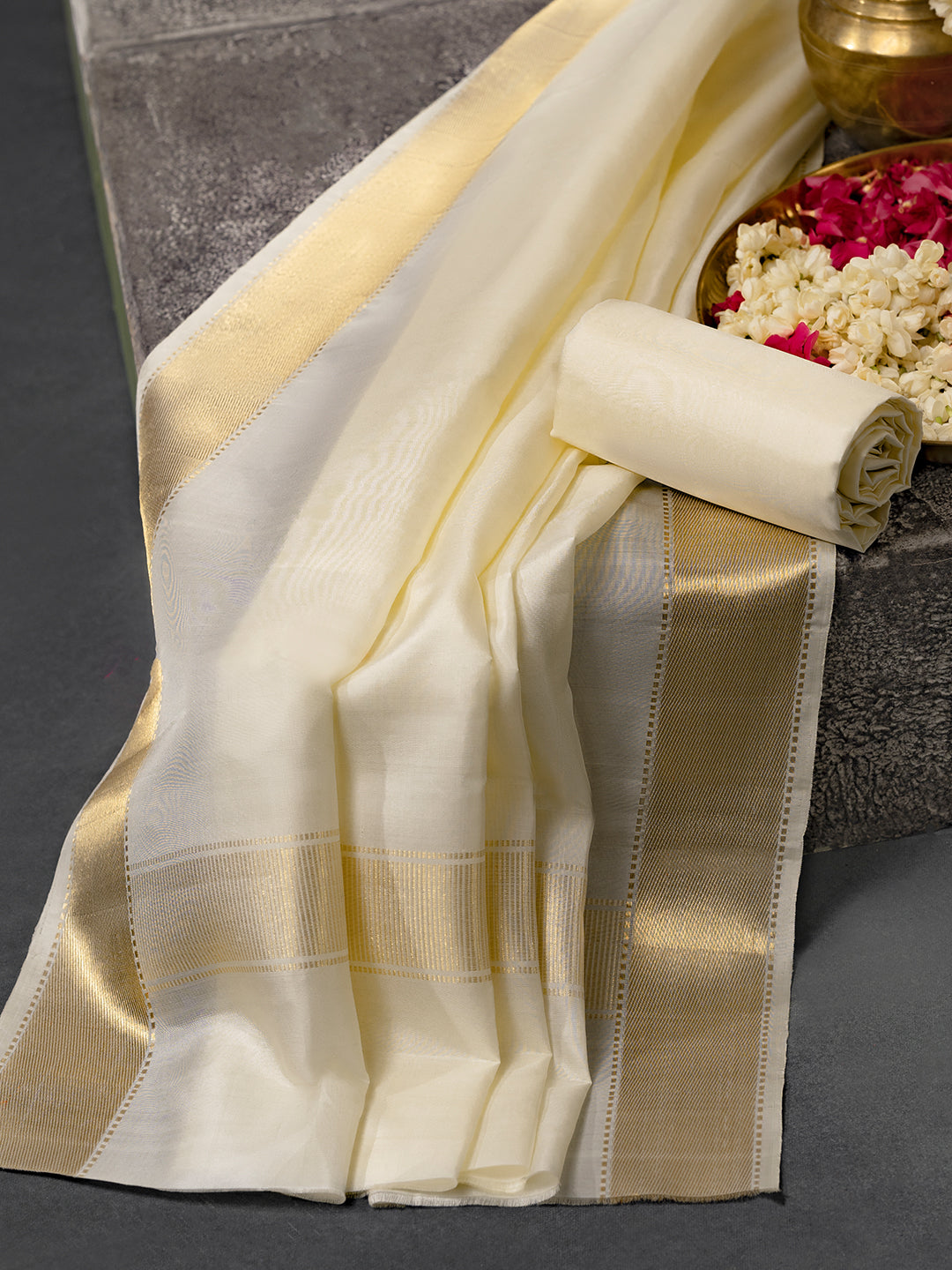 Premium Pure Silk Cream Plain Dhoti Shirting & Towel Set with 3" Jari Border – Rajadharbar