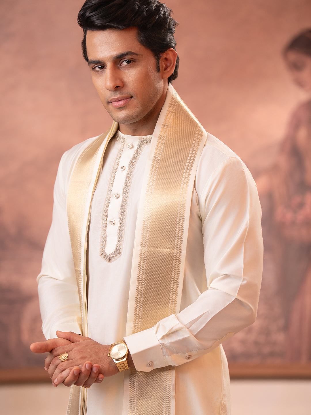 Pure Silk Cream Wedding Dhoti & Towel Set with 4" Jari Border – Virutcham