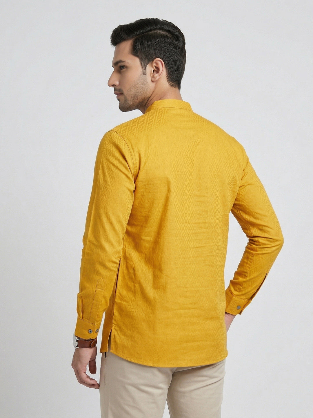 Men Cotton Short Length Self Design Pocket Kurta Glitter Yellow Y26
