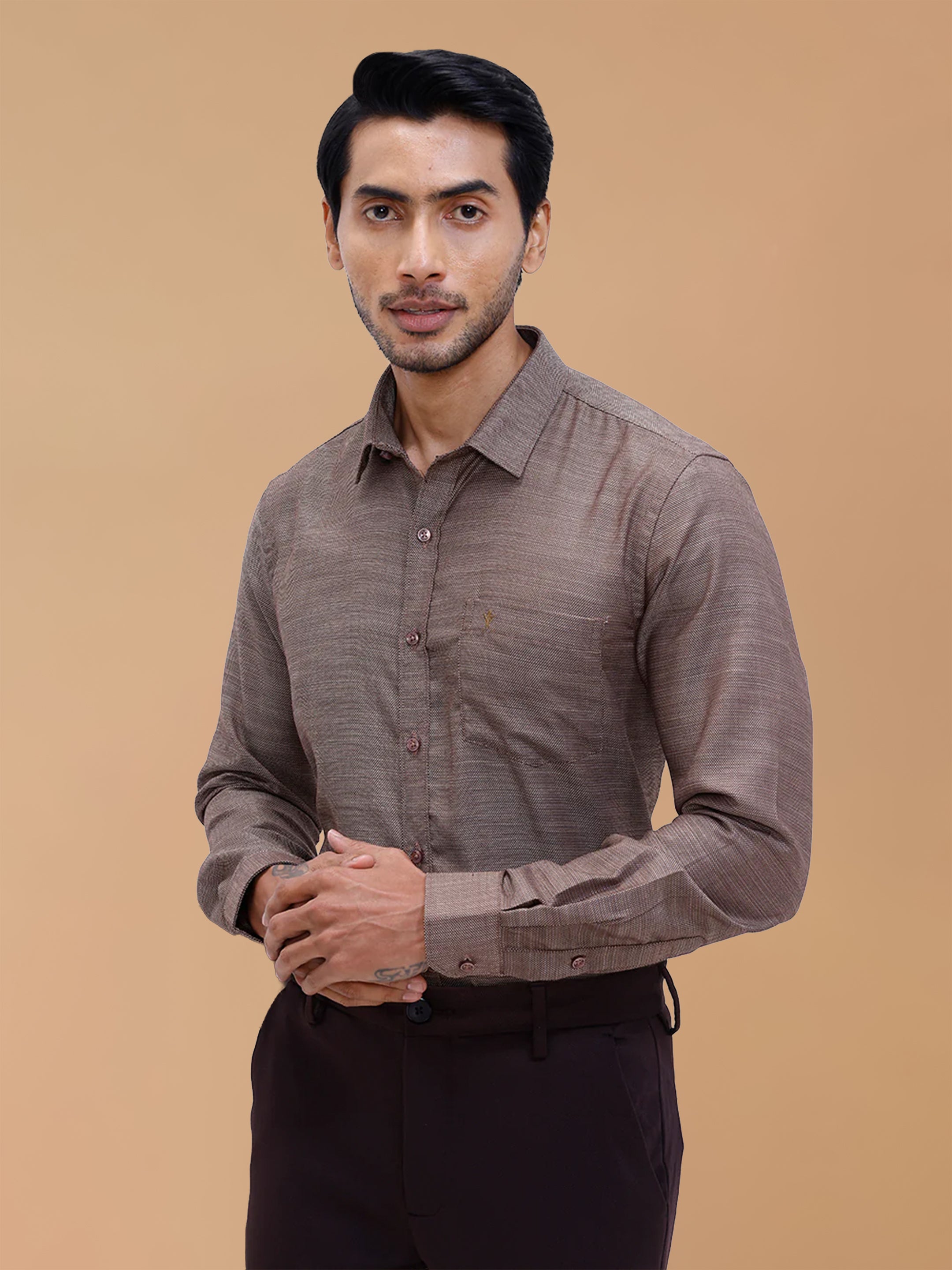 Cotton Rich Brown Dobby Regular Fit Shirt T59 AIT4