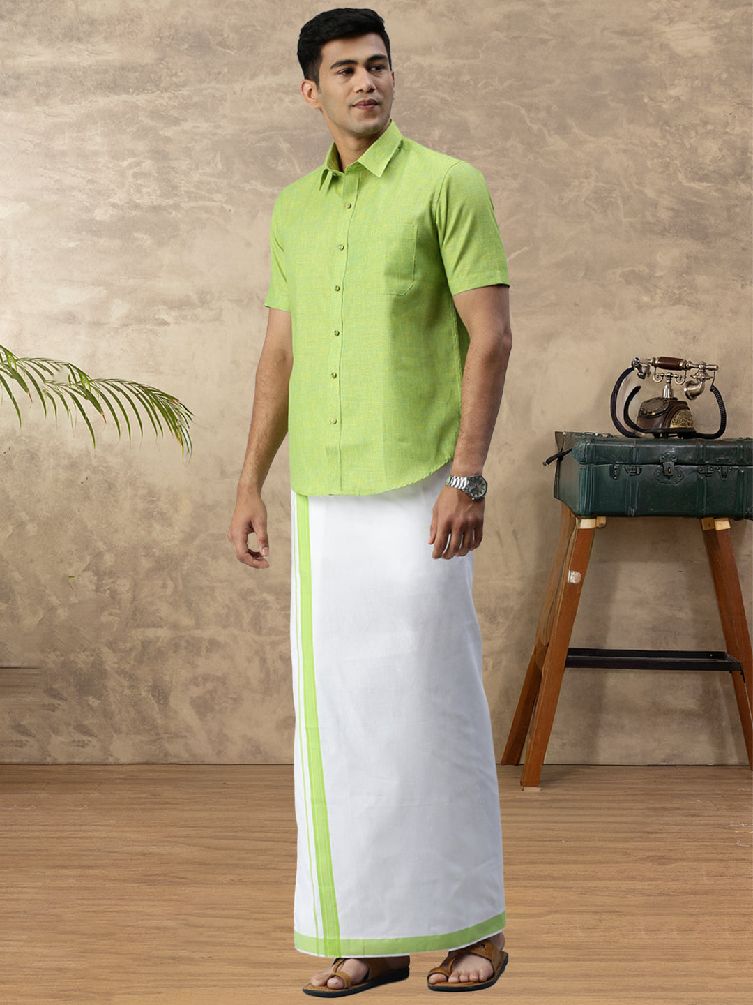 Mens Vetti Vaaram Matching Border Dhoti & Shirt Combo Parrot Green