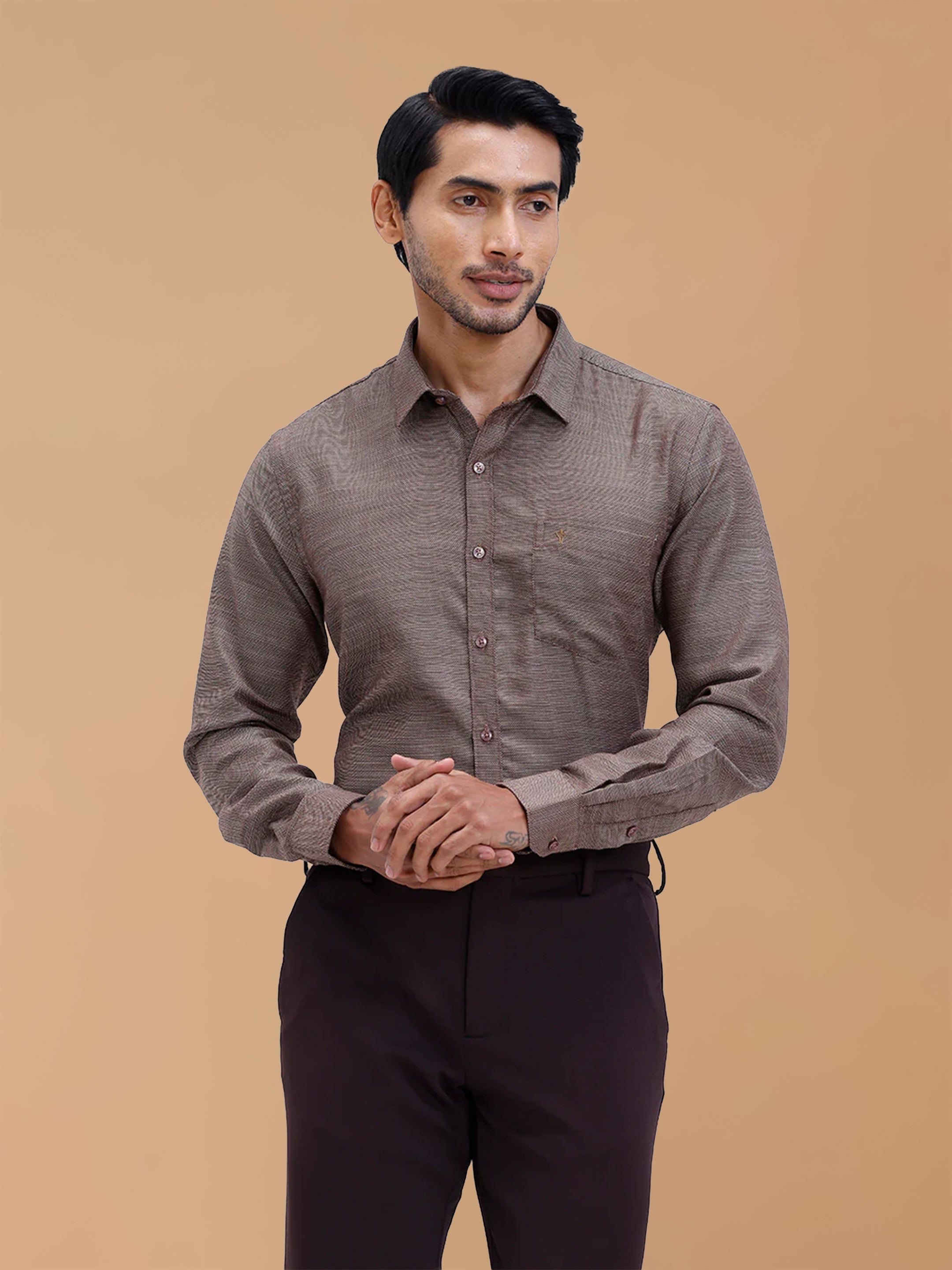 Cotton Rich Brown Dobby Regular Fit Shirt T59 AIT4