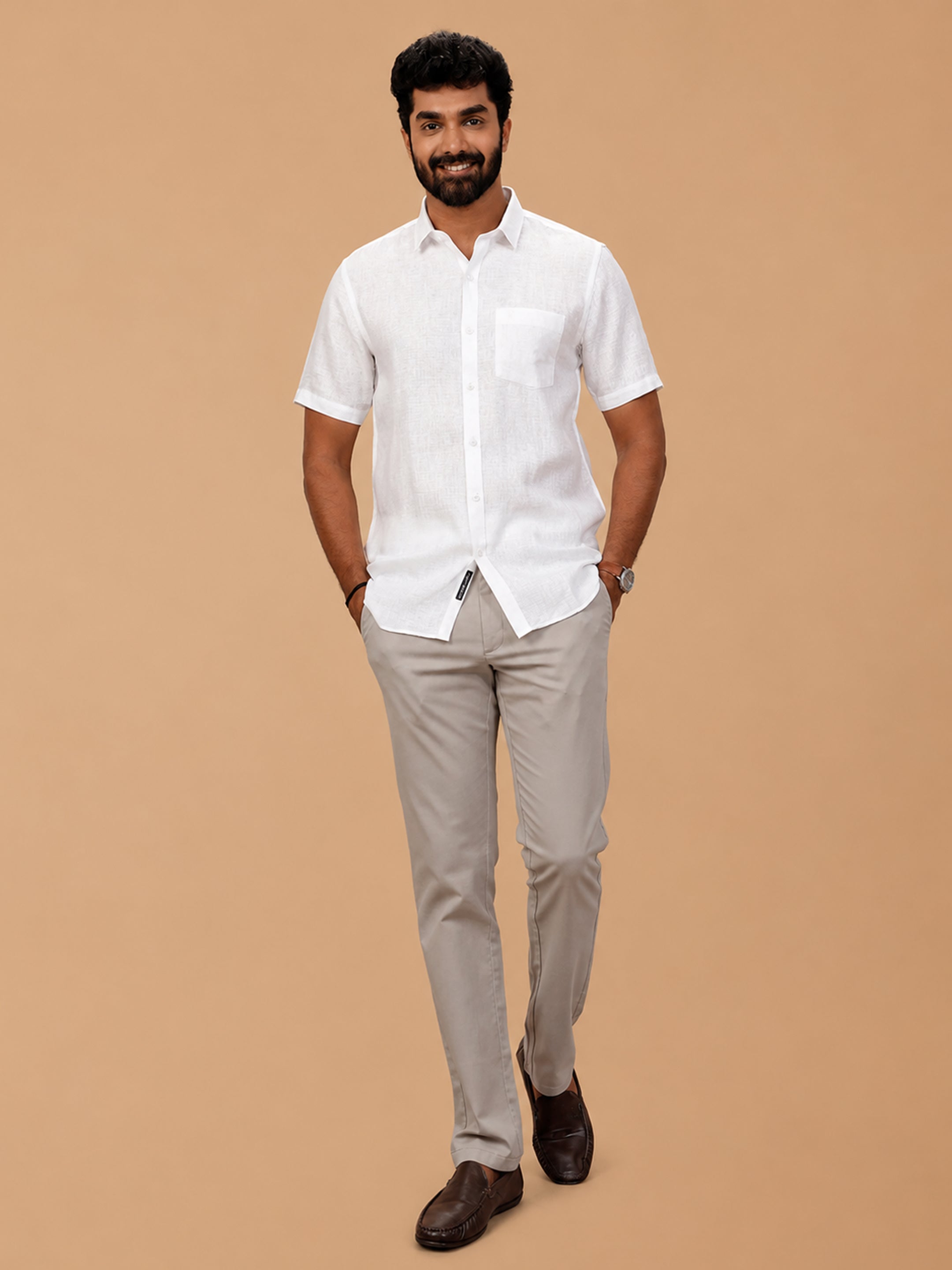 Pure Linen Self Design White Shirt LP1546JF