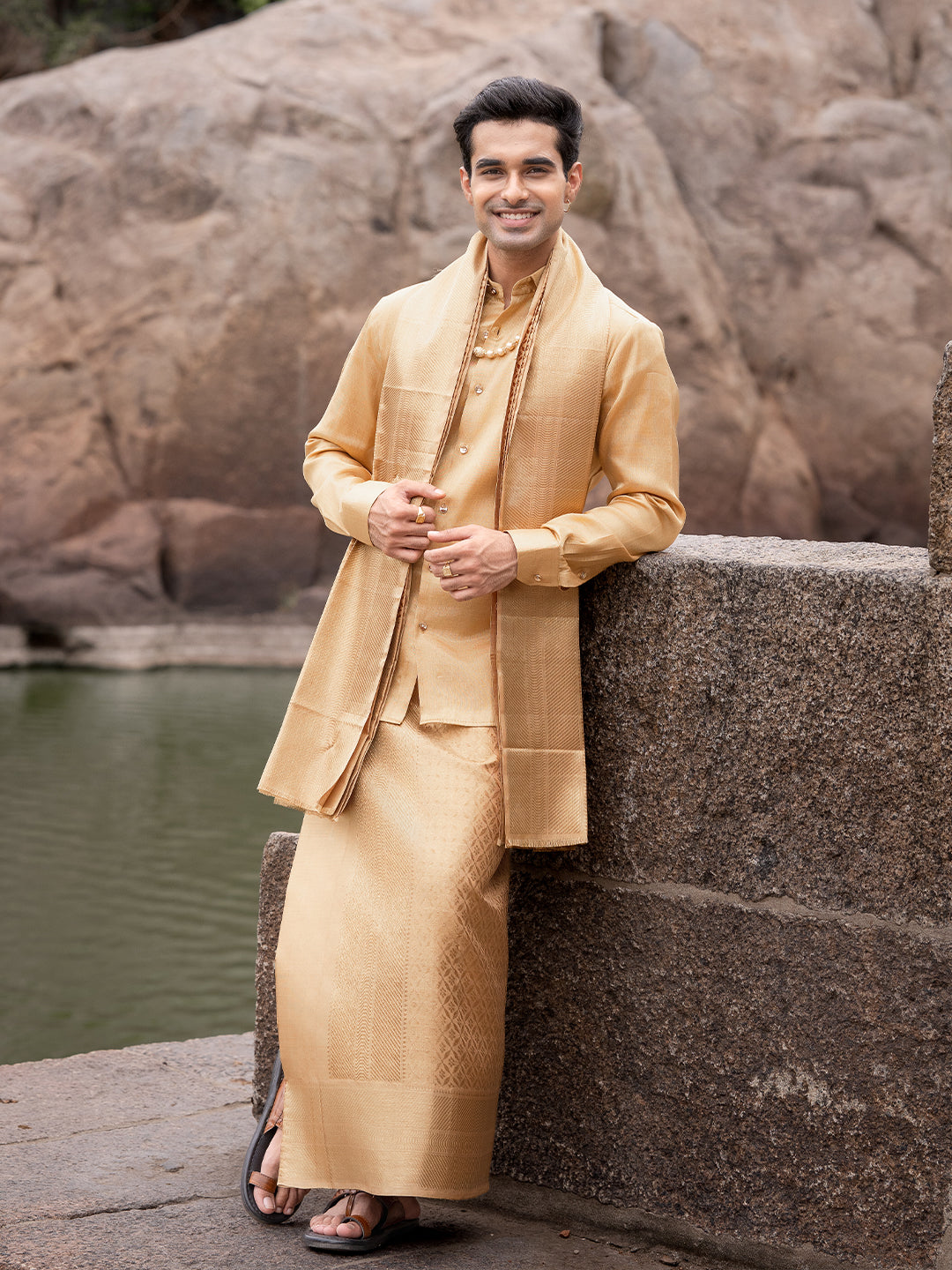 Premium Silk Pure Jari Gold Jacquard Weaving Dhoti Shirting & Towel Set with 5" Jari Border – Rajadharbar