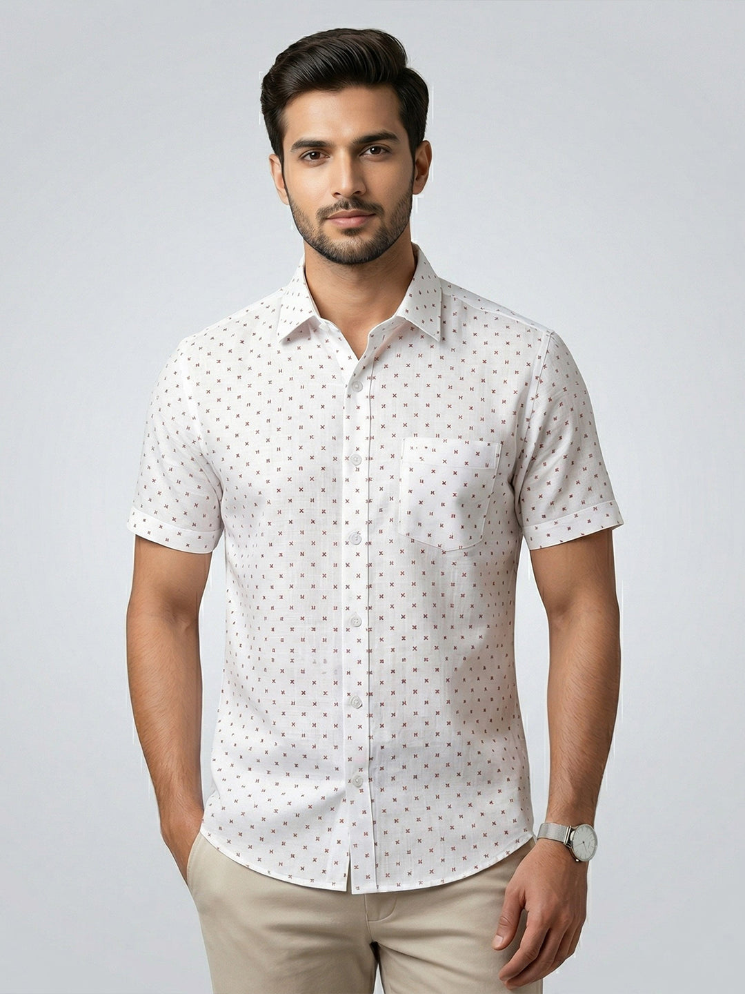 Men Cotton Blend Printed White Shirt T66 APT9