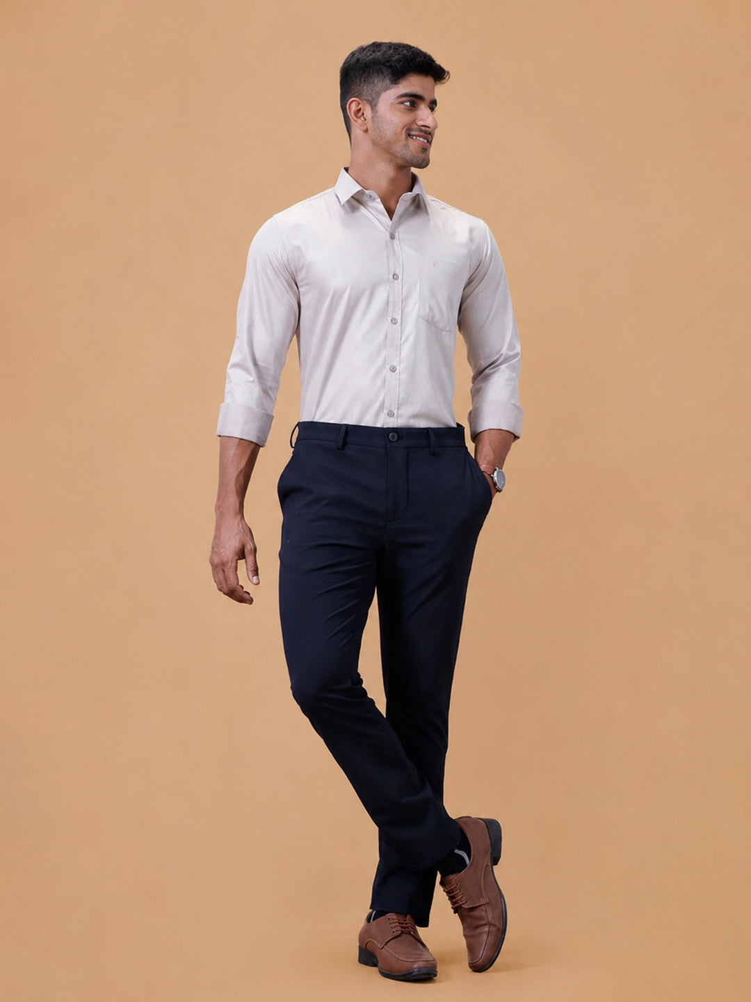 Cotton Rich LT Beige Grey Regular Fit Shirt T61 AKT5