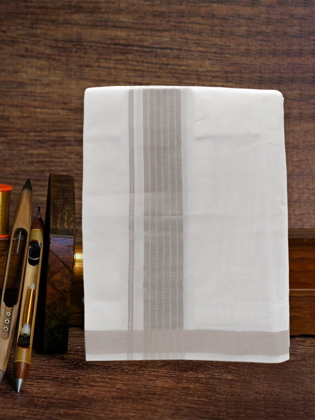 Men Premium Handloom White Dhoti with Silver Jari Border HLM87