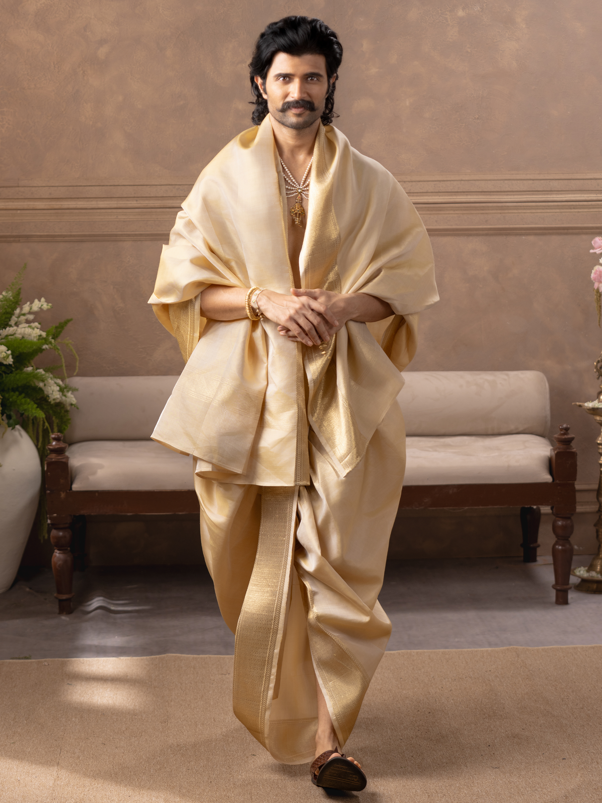 LAGNAA Premium Pure Silk Fawn 2X1 Set | Dhoti / Panchakacham & Towel Set | 4 1/2-Inch Jari Border | Amirtham