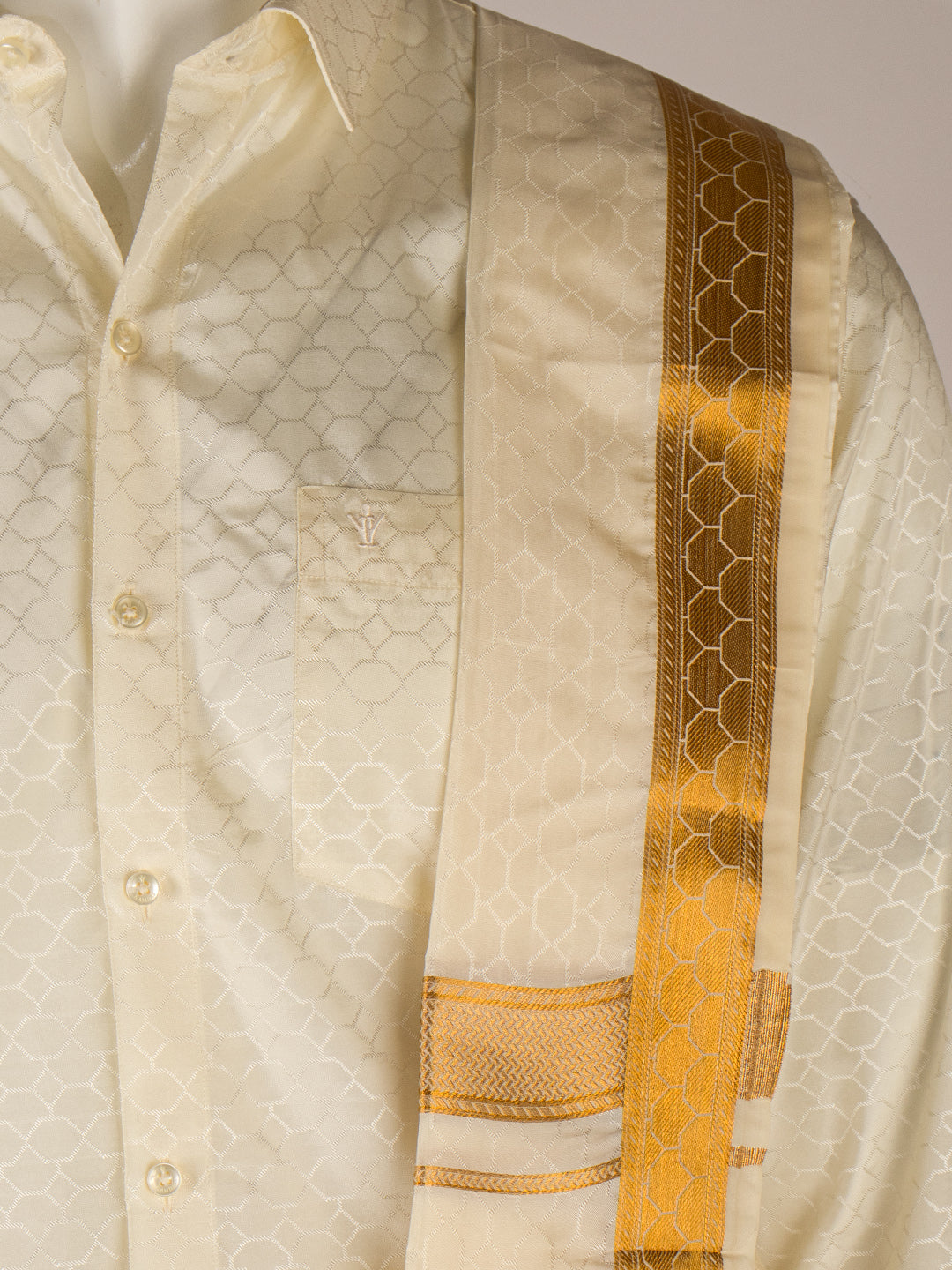Men Art Silk Cream Self Design Shirt & Dhoti Towel Set Parinayam Grand CRJD2