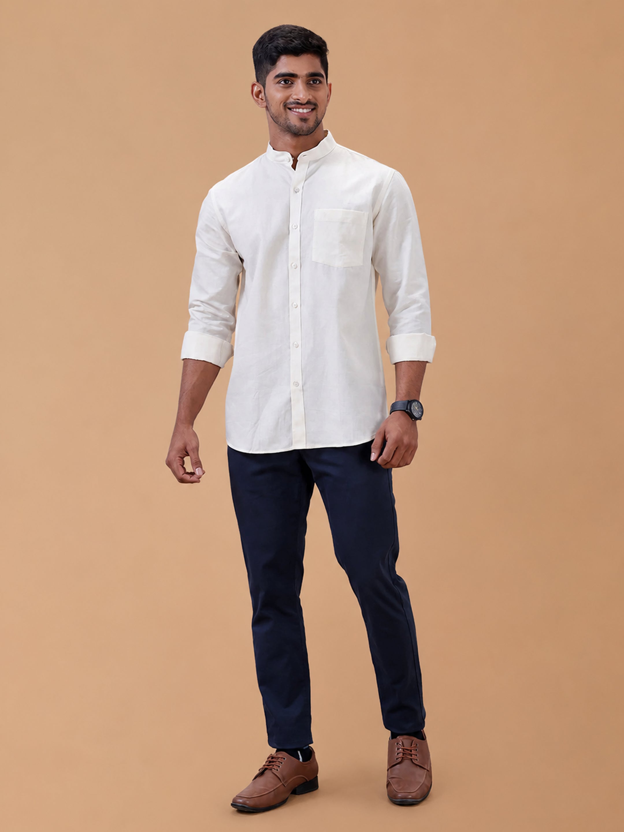 Linen Cotton Cream Chinese Collar Regular Fit Shirt LF12