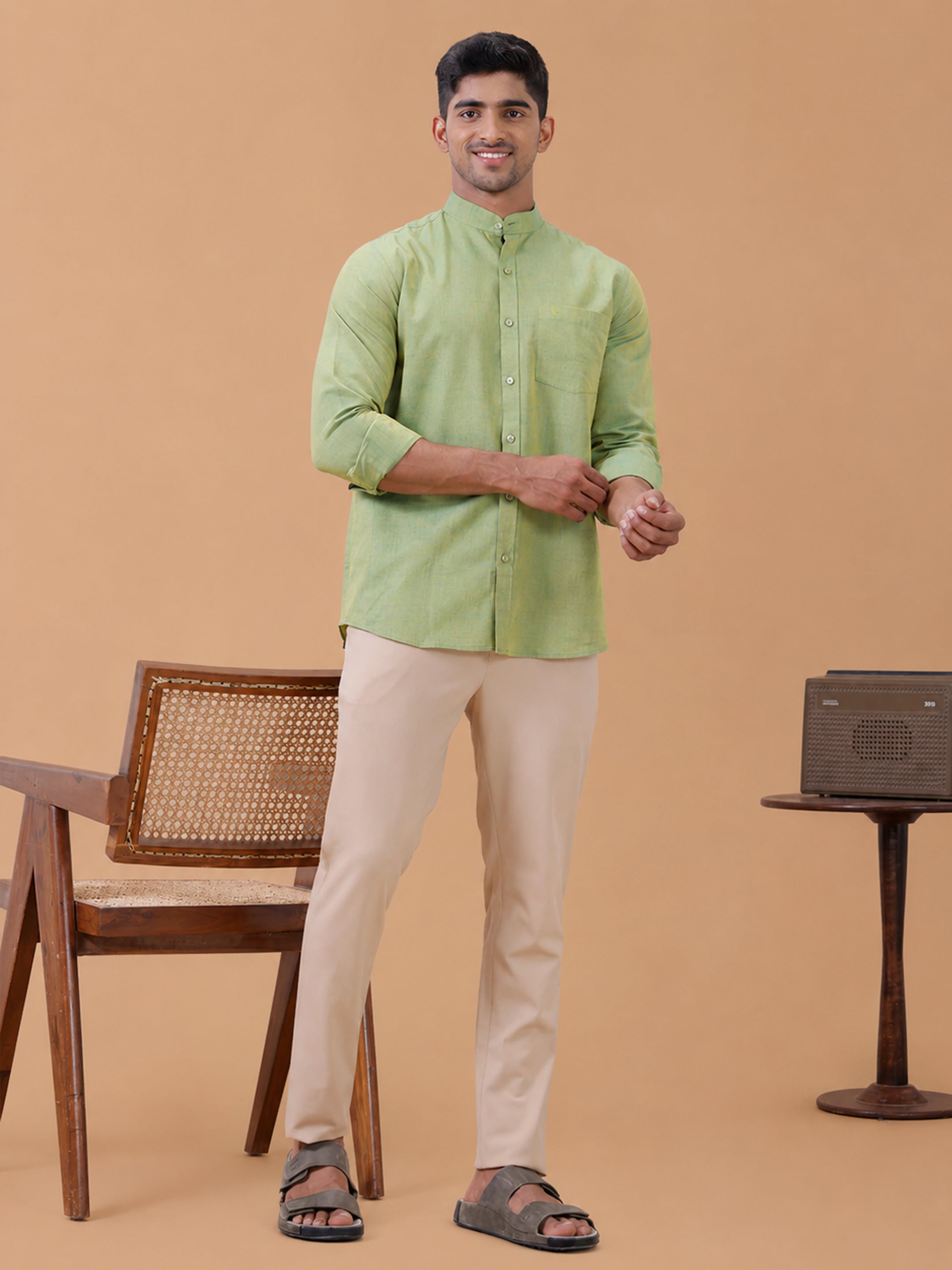 Linen Cotton Yellowish Green Chinese Collar Regular Fit Shirt LF9