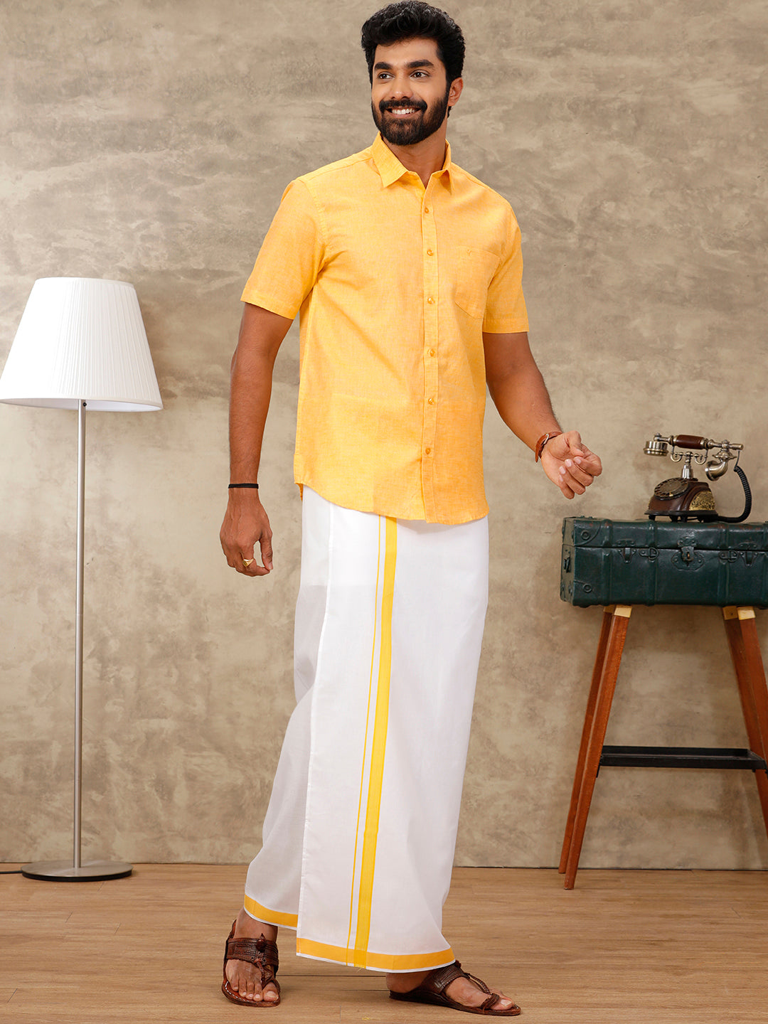 Couple Combo Shirt & Dhoti Set with Saree Yellow SL167