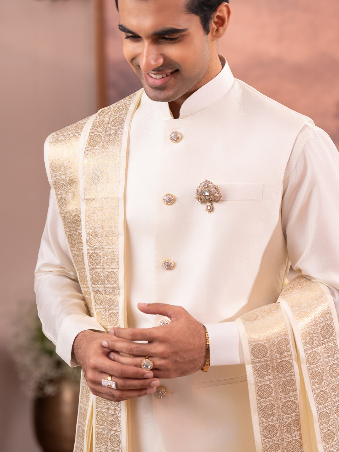 Pure Silk 3" Cream Wedding Dhoti & Towel Set – Amirtham