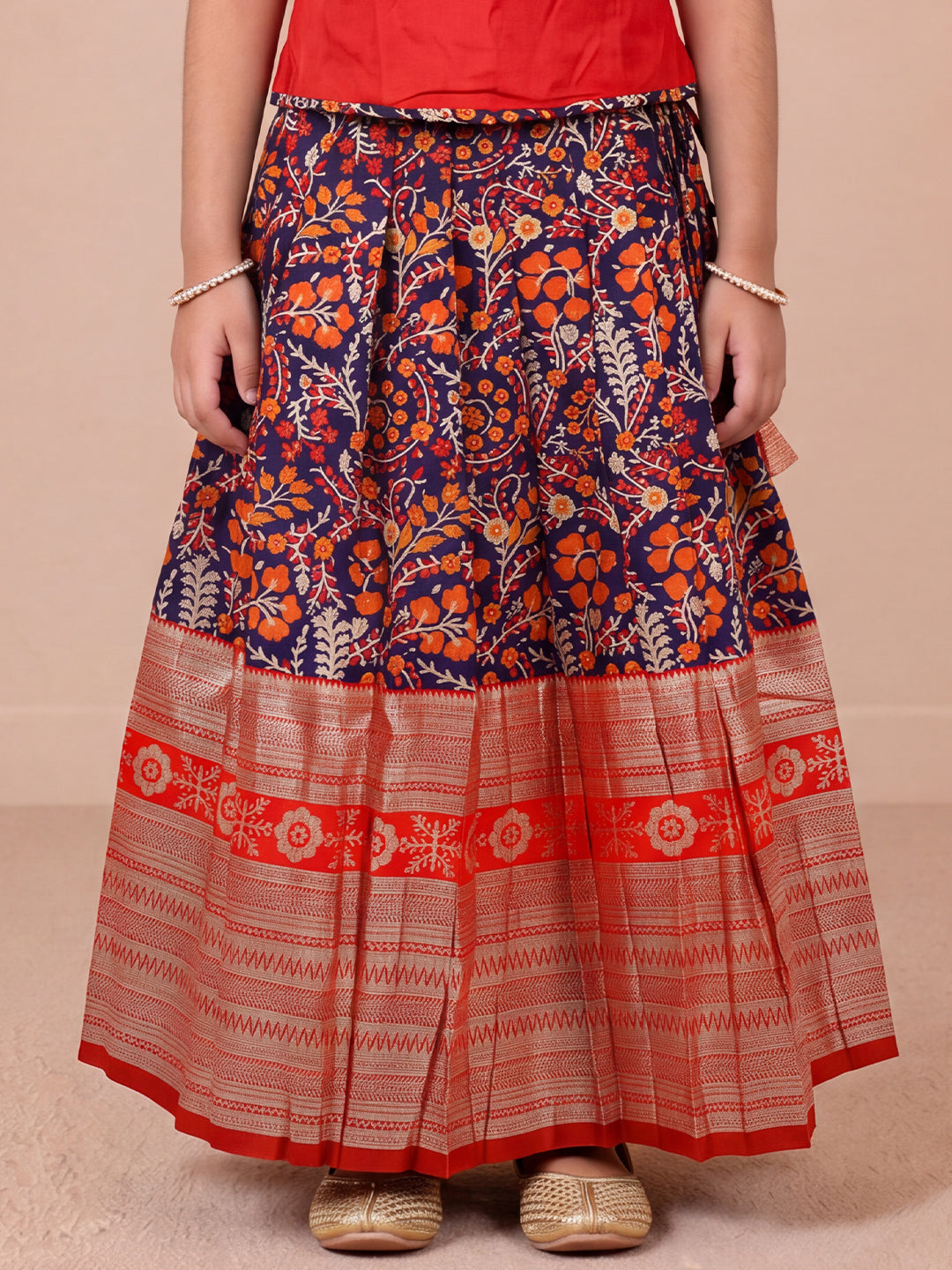 Girls Silk Cotton Red with Violet Pattu Pavadai Set GPS60