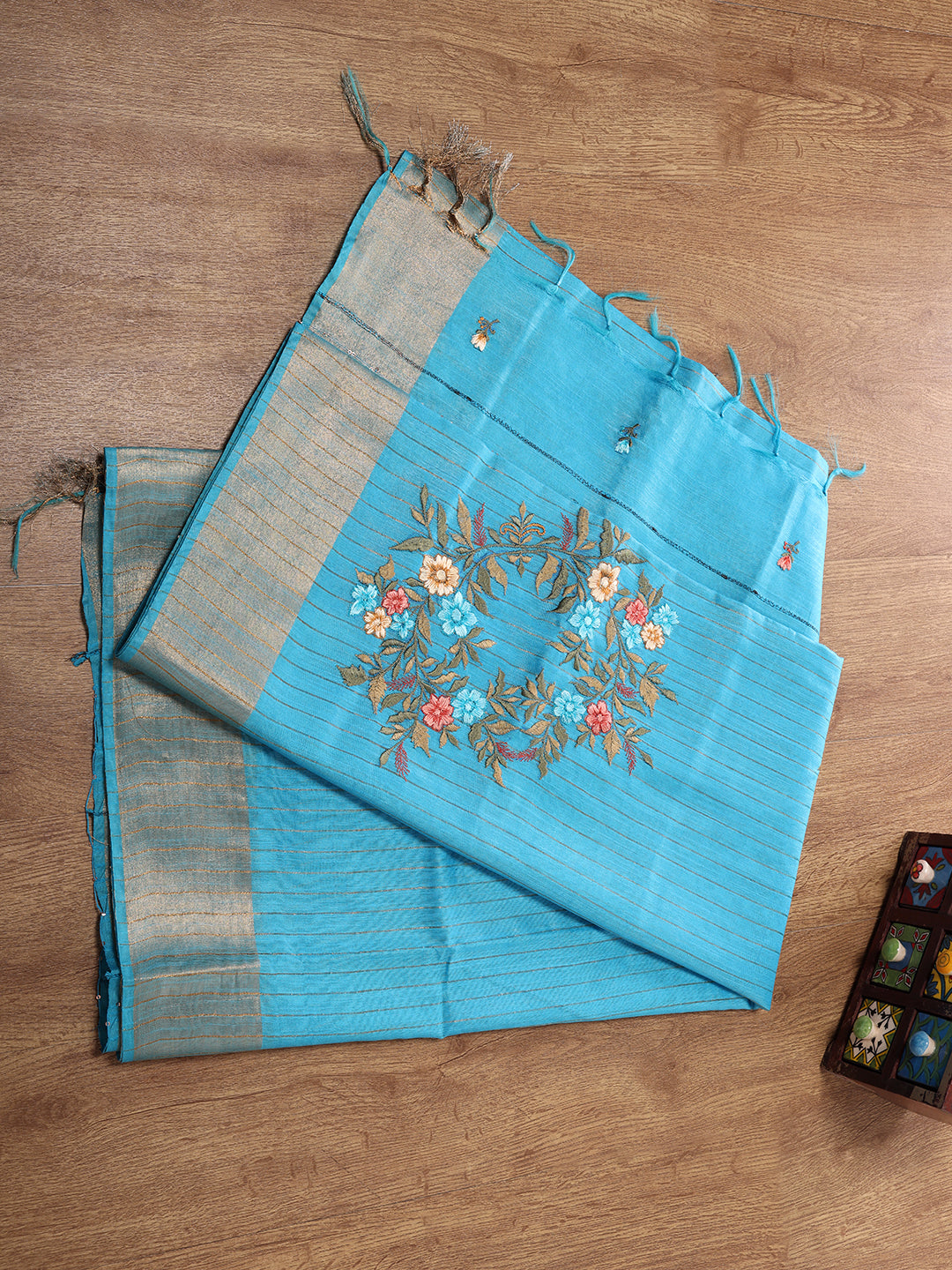 Womens Semi Tussar Weaving Embroidery Saree Blue ST117