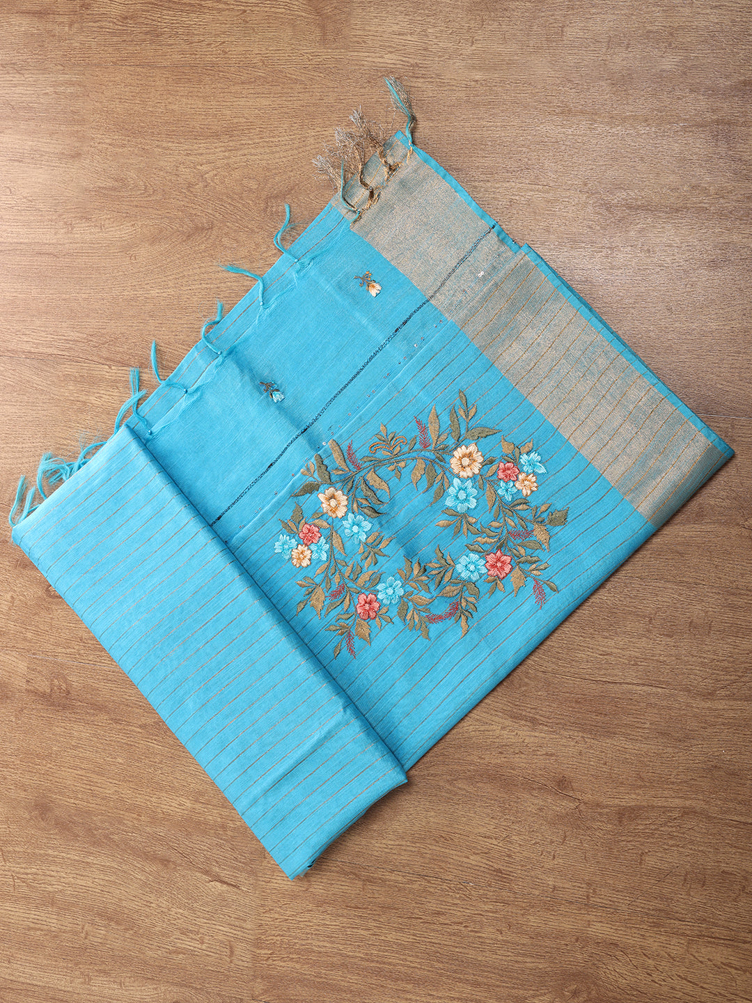 Womens Semi Tussar Weaving Embroidery Saree Blue ST117