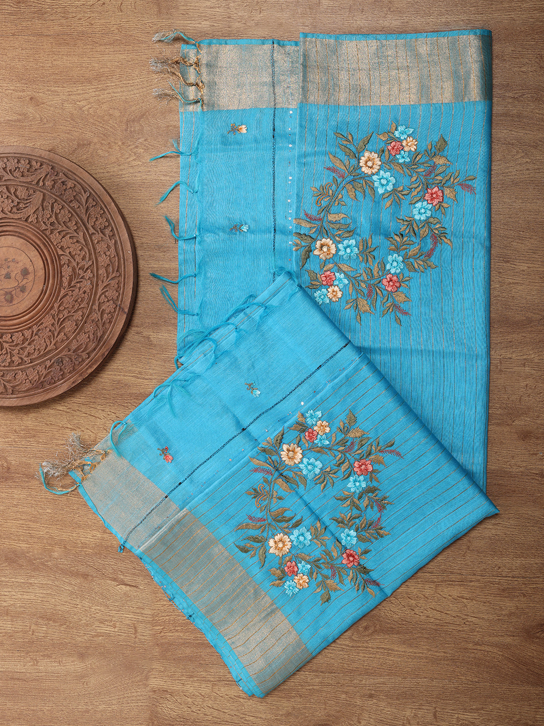 Womens Semi Tussar Weaving Embroidery Saree Blue ST117