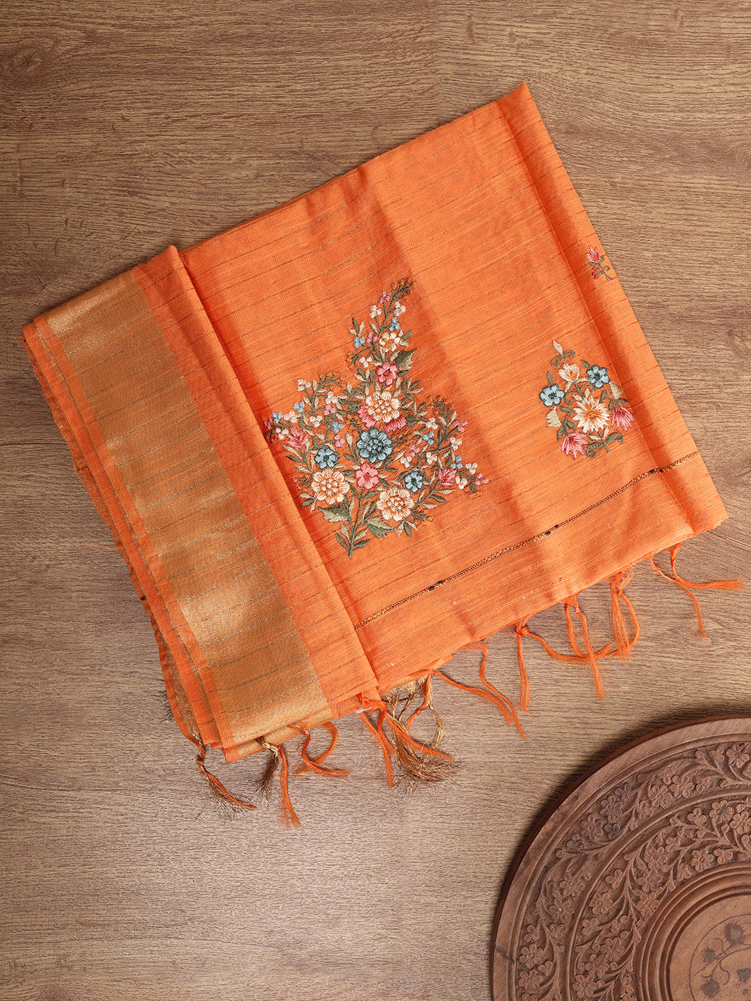 Womens Semi Tussar Weaving Embroidery Saree Orange ST118