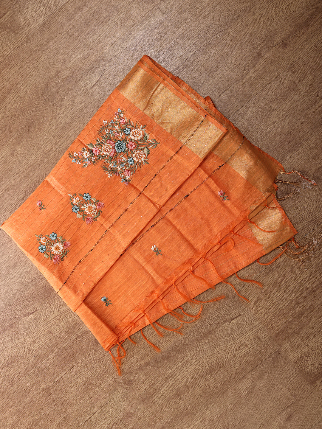 Womens Semi Tussar Weaving Embroidery Saree Orange ST118