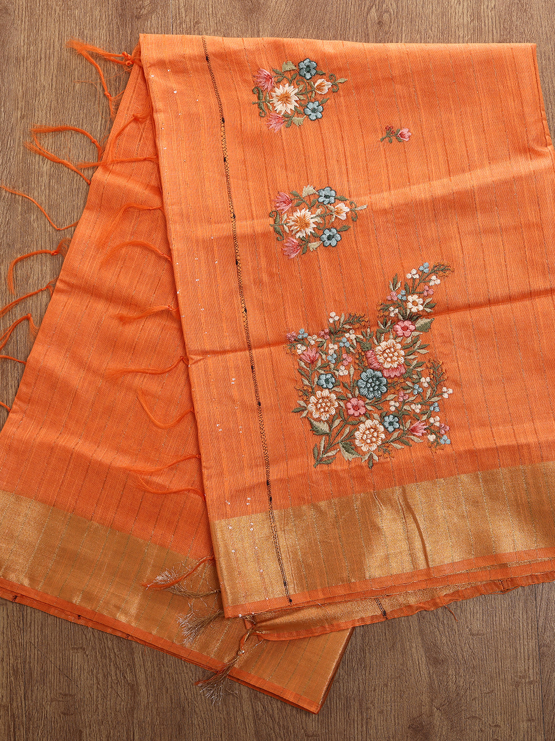 Womens Semi Tussar Weaving Embroidery Saree Orange ST118