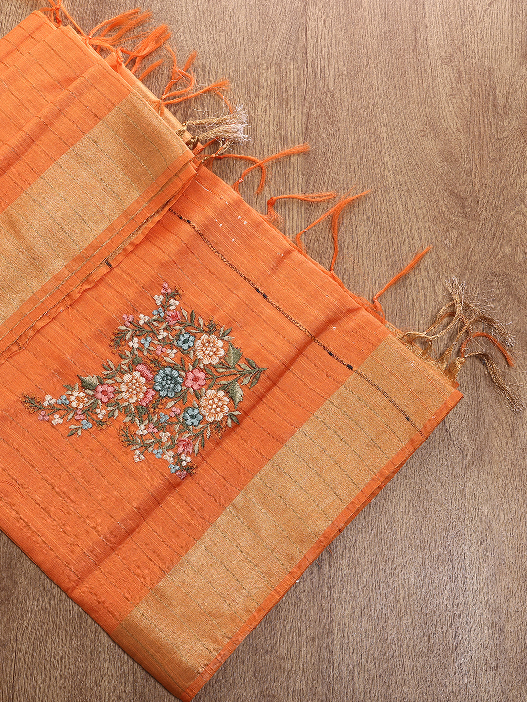 Womens Semi Tussar Weaving Embroidery Saree Orange ST118