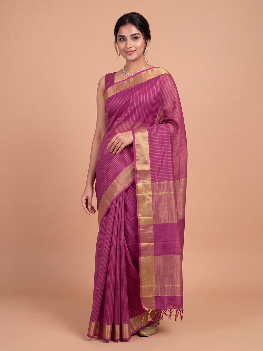 Women Semi Tussar Purple Striped Saree ST362