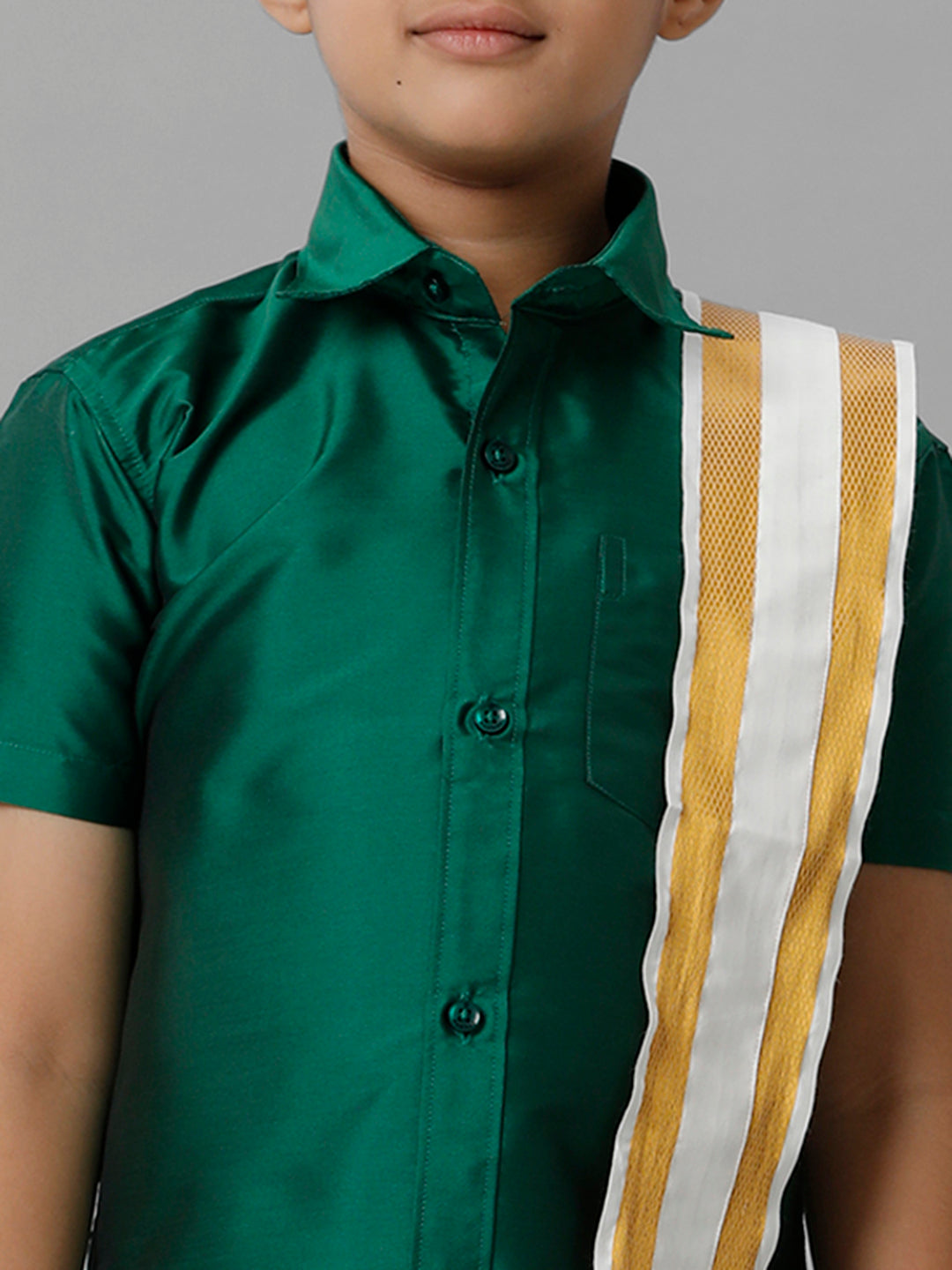 Boys Silk Cotton Green Half Sleeves Shirt with Adjustable Cream Dhoti Towel Combo K9-Zoom view