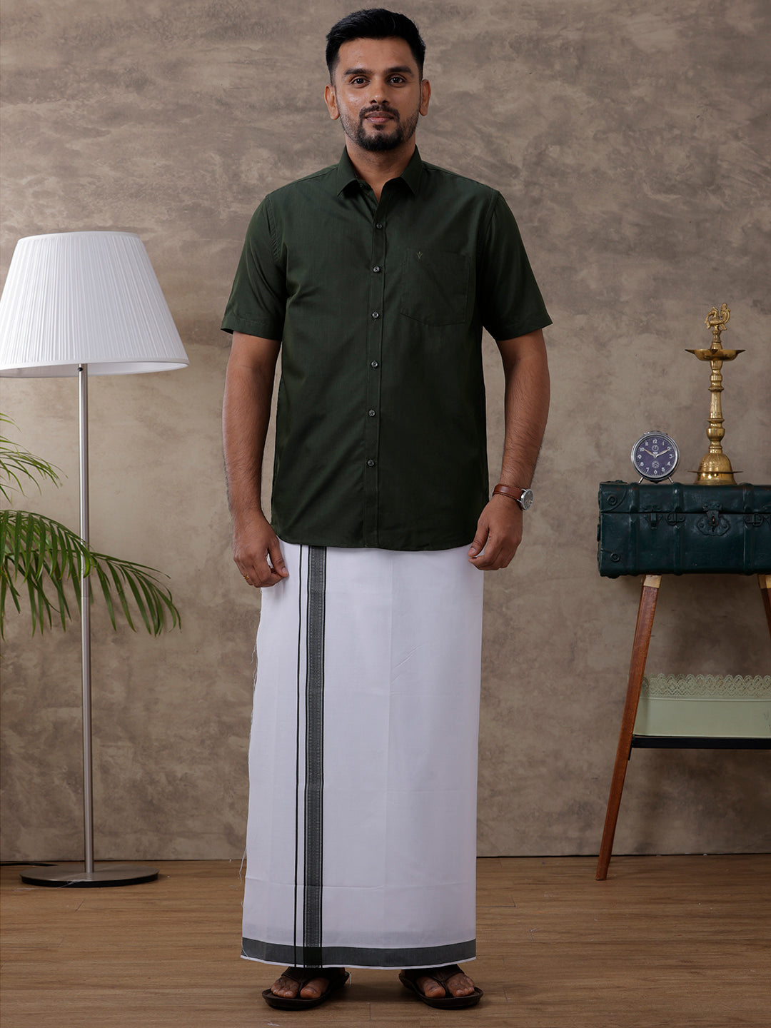 Mens Green Matching Border Dhoti & Half Sleeves Shirt Set Evolution IC8