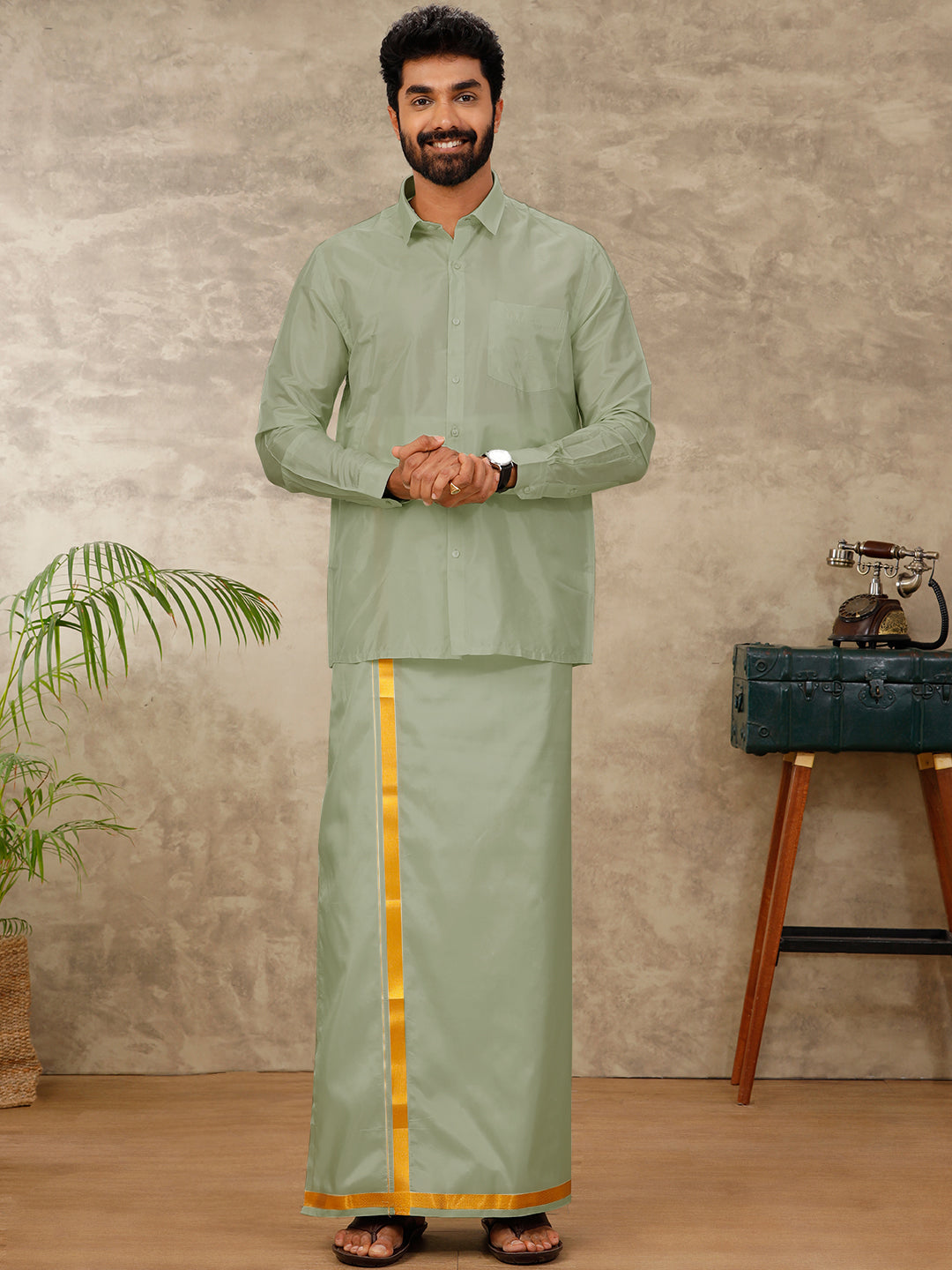 Men Art Silk Fir Green Shirt & Dhoti Towel Set Swayamvara
