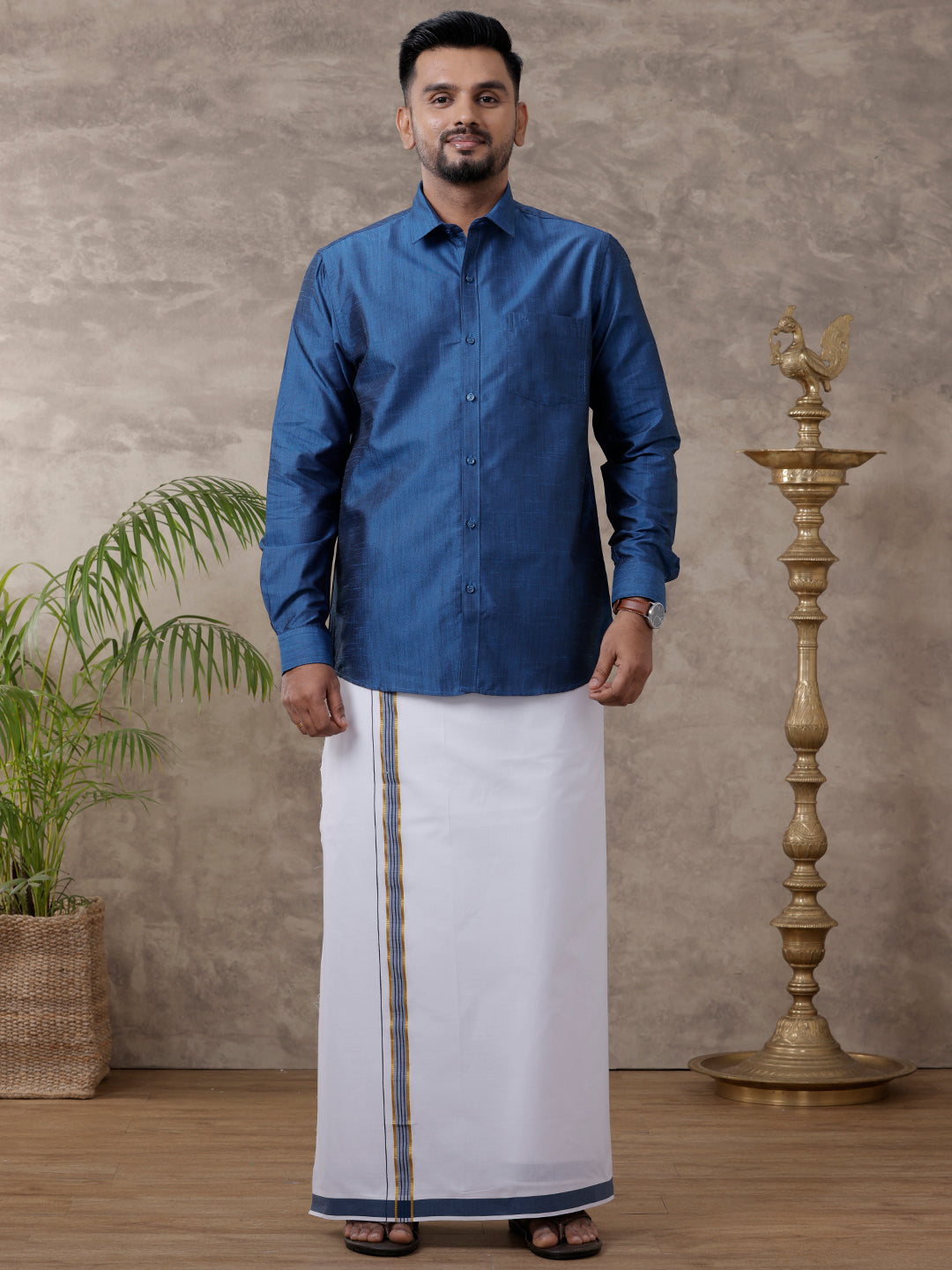 Mens Matching Jari Border Dhoti & Shirt Set Full Sleeve Blue VB9