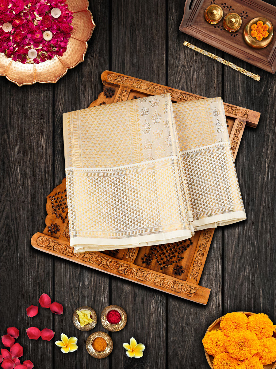 Mens Pure Silk Gold Colour Tissue Shirting with 5" Gold Jari Dhoti & Angavasthram Set Rajadharbar
