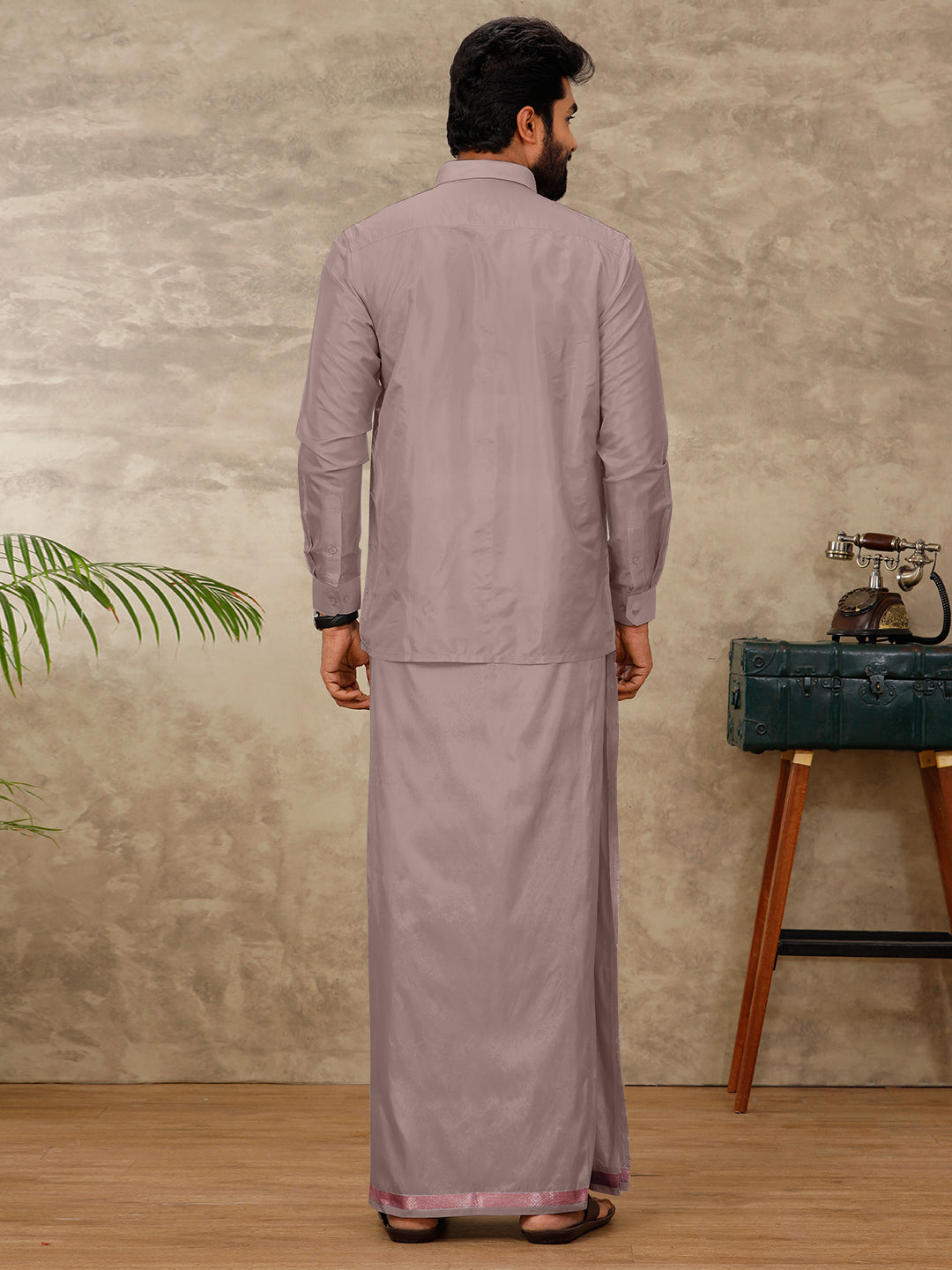 Men Art Silk Sand Stone Shirt & Dhoti Towel Set Swayamvara