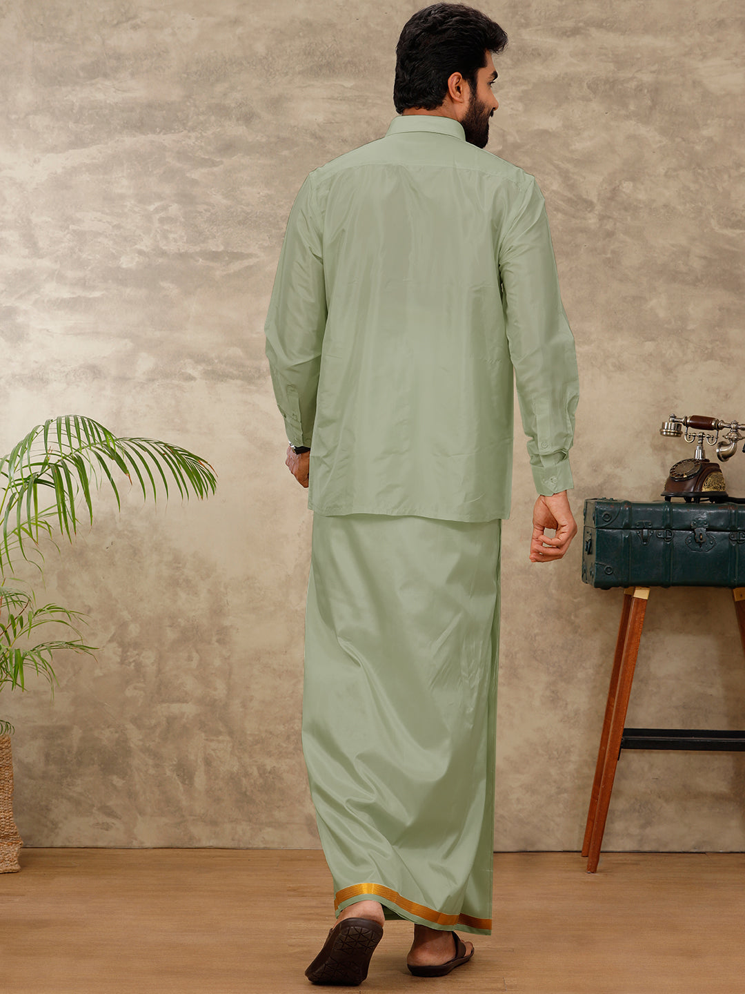 Men Art Silk Fir Green Shirt & Dhoti Towel Set Swayamvara