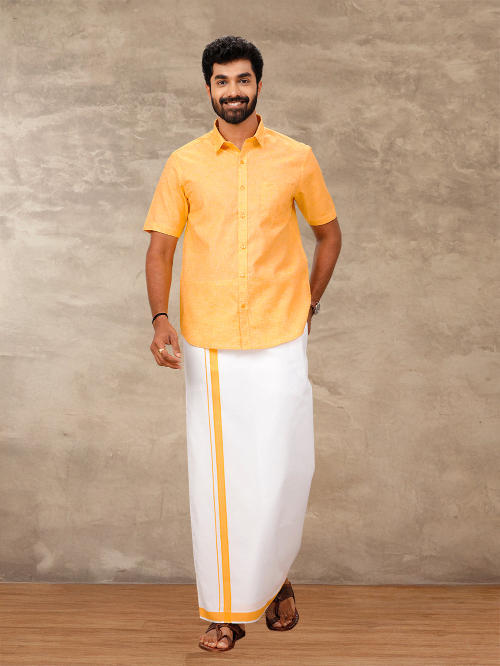 Couple Combo Shirt & Dhoti Set with Saree Yellow SL167