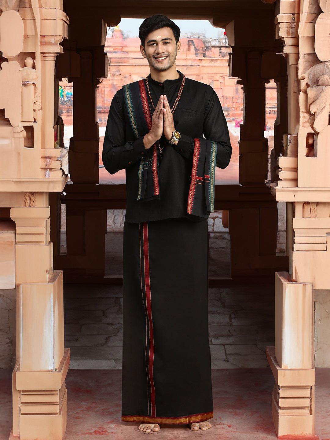 Men Devotional Mayilkhan Border Dhoti with Towel & Kurta Set Black KP6