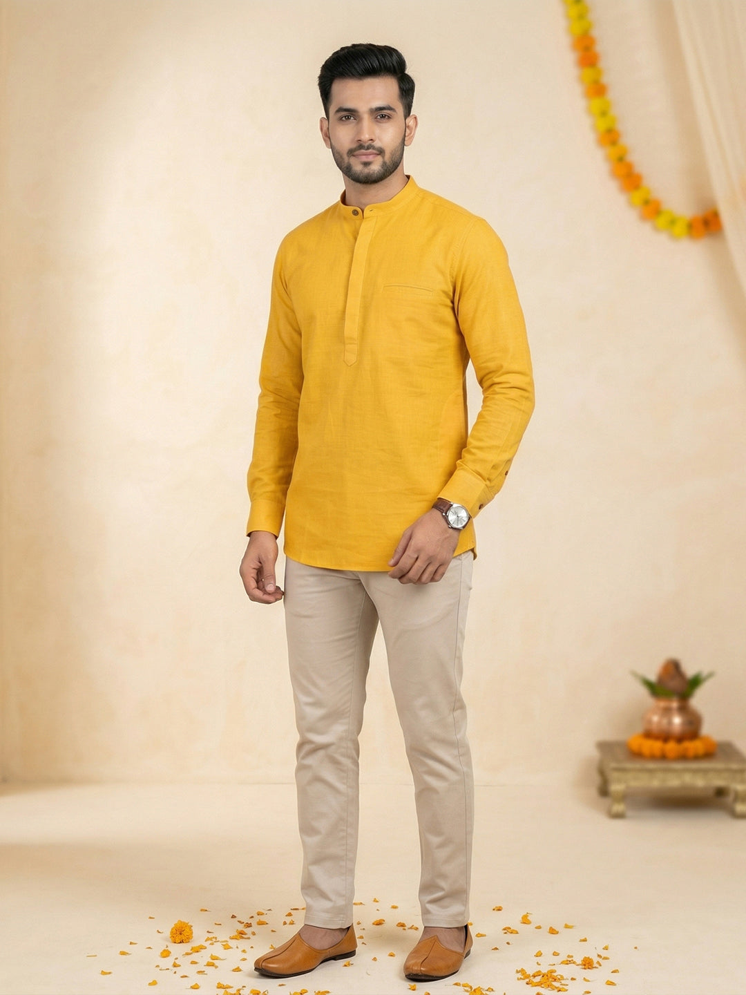 Cotton Short Length Plain Pocket Kurta Orangy Yellow Y24