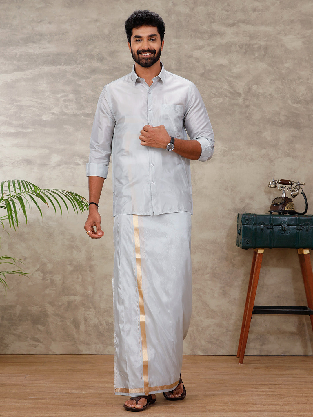 Couple Combo Shirt & Dhoti Set with Saree Silver Grey ASS95