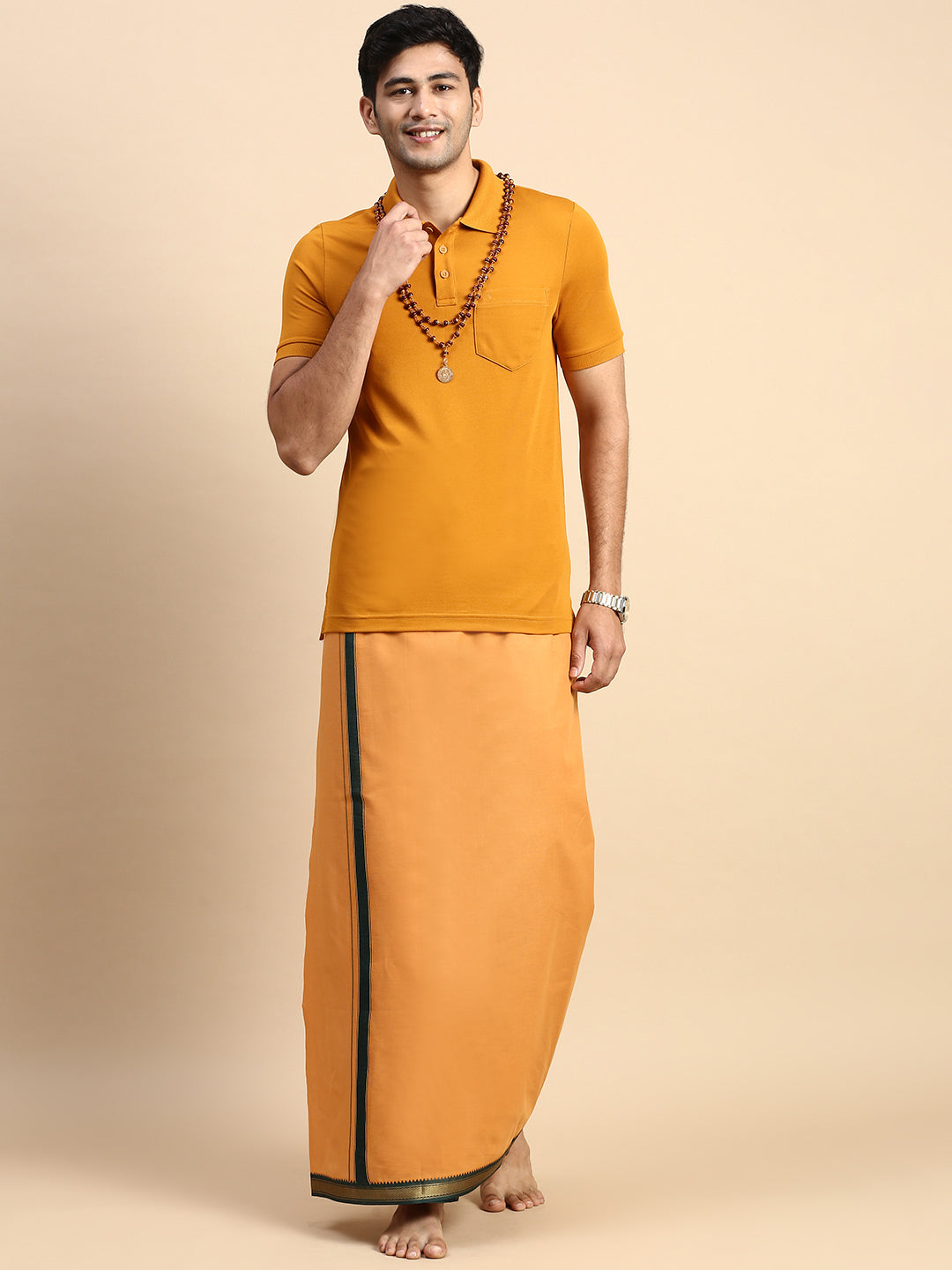 Men Devotional Mayilkhan Border Dhoti & TShirt Set Kaavi EP41