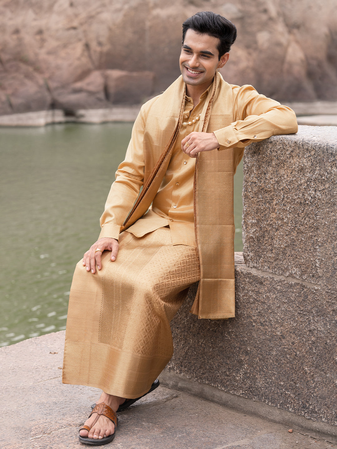 Premium Silk Pure Jari Gold Jacquard Weaving Dhoti Shirting & Towel Set with 5" Jari Border – Rajadharbar