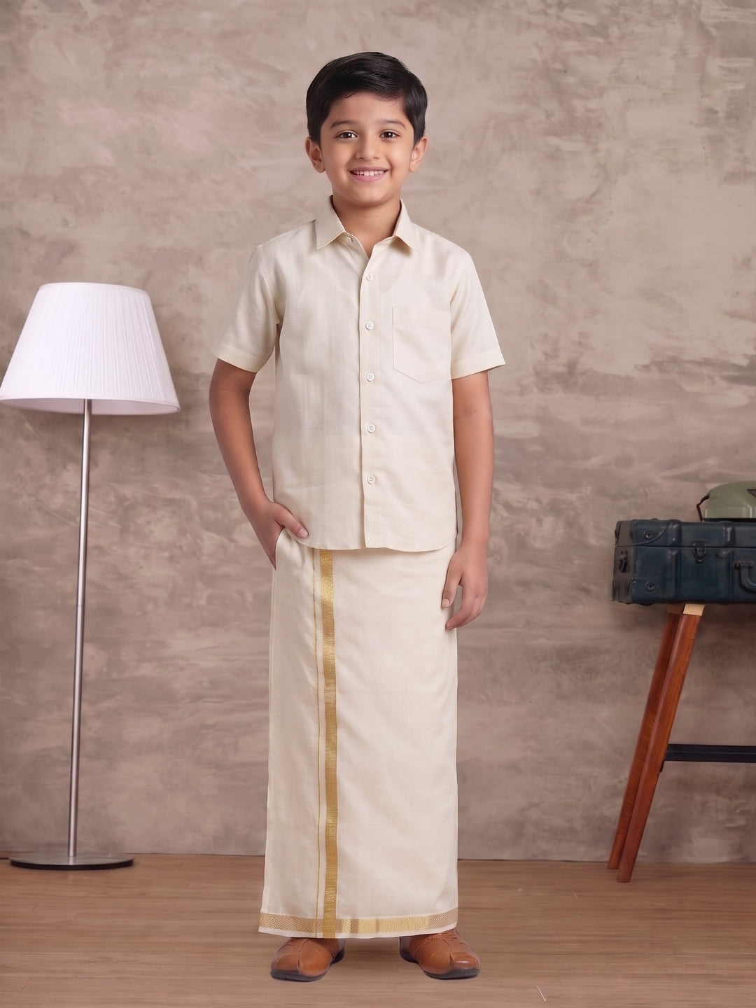 Boys Tissue Antique Gold Shirt & Dhoti Set