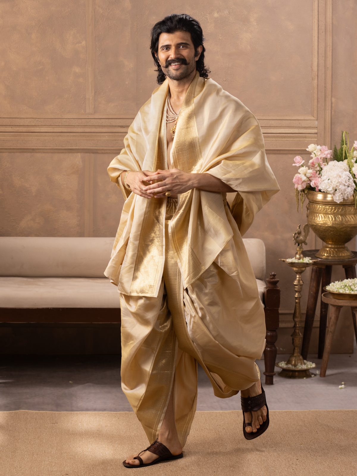 LAGNAA Premium Pure Silk Fawn 2X1 Set | Dhoti / Panchakacham & Towel Set | 4 1/2-Inch Jari Border | Amirtham