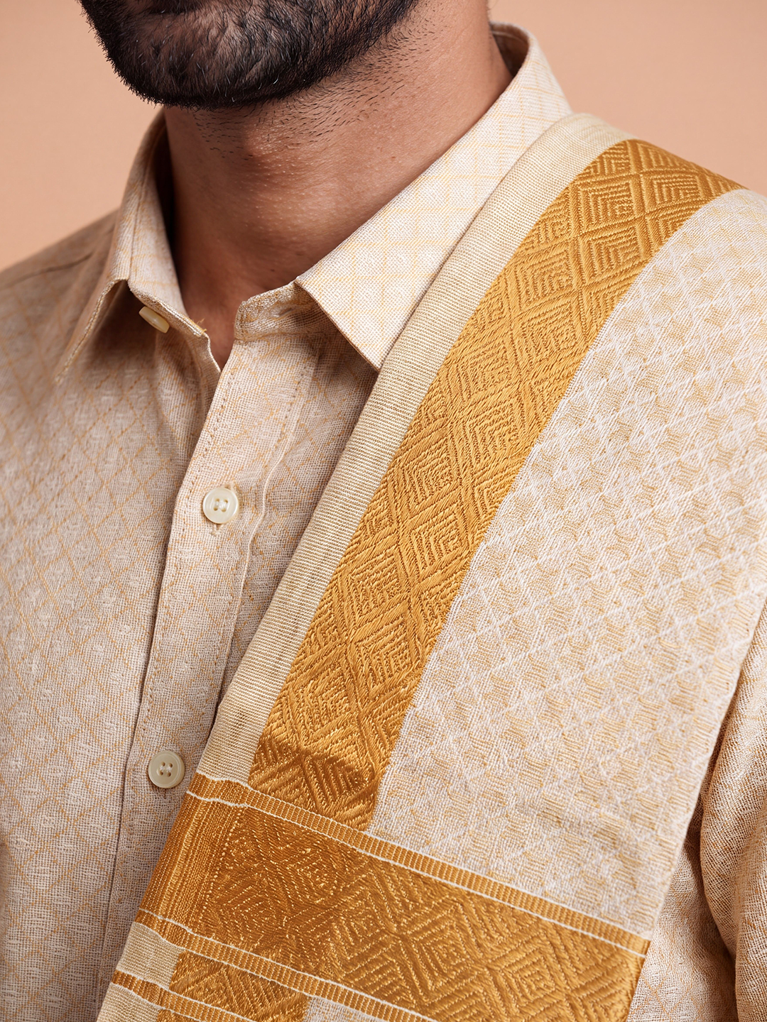Tissue Gold Jacquard Shirt, Dhoti & Towel Set (3x1) | GD13