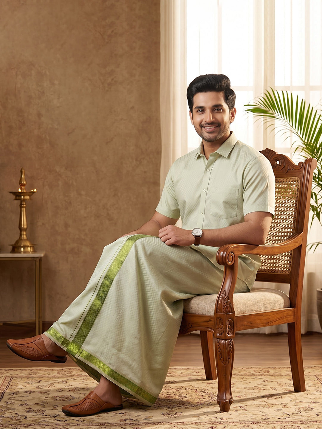 Men Moss Green Tissue Jacquard Shirt with Readymade Dhoti Set MGD12