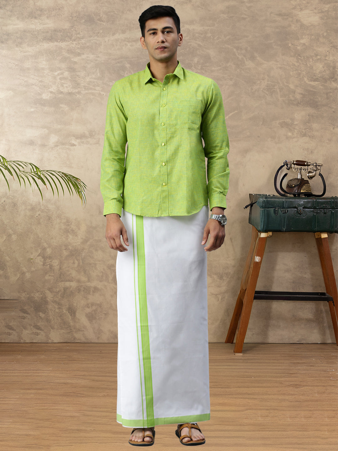 Mens Vetti Vaaram Matching Border Dhoti & Shirt Combo Parrot Green