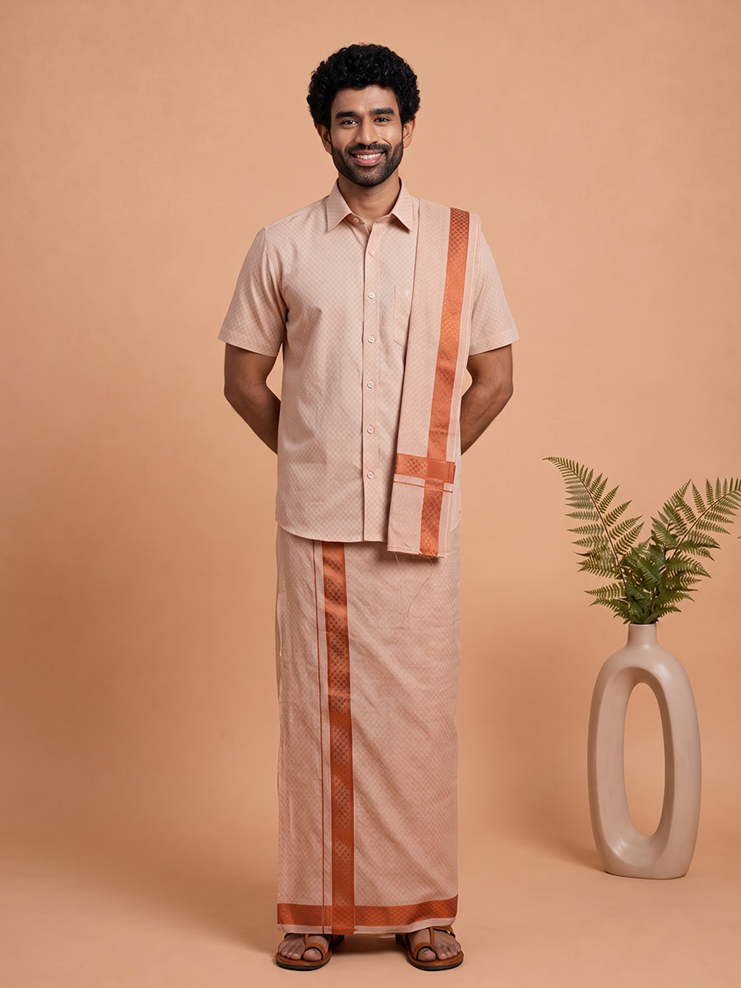Tissue Copper Jacquard Shirt, Dhoti & Towel (3-in-1)Set | CD12