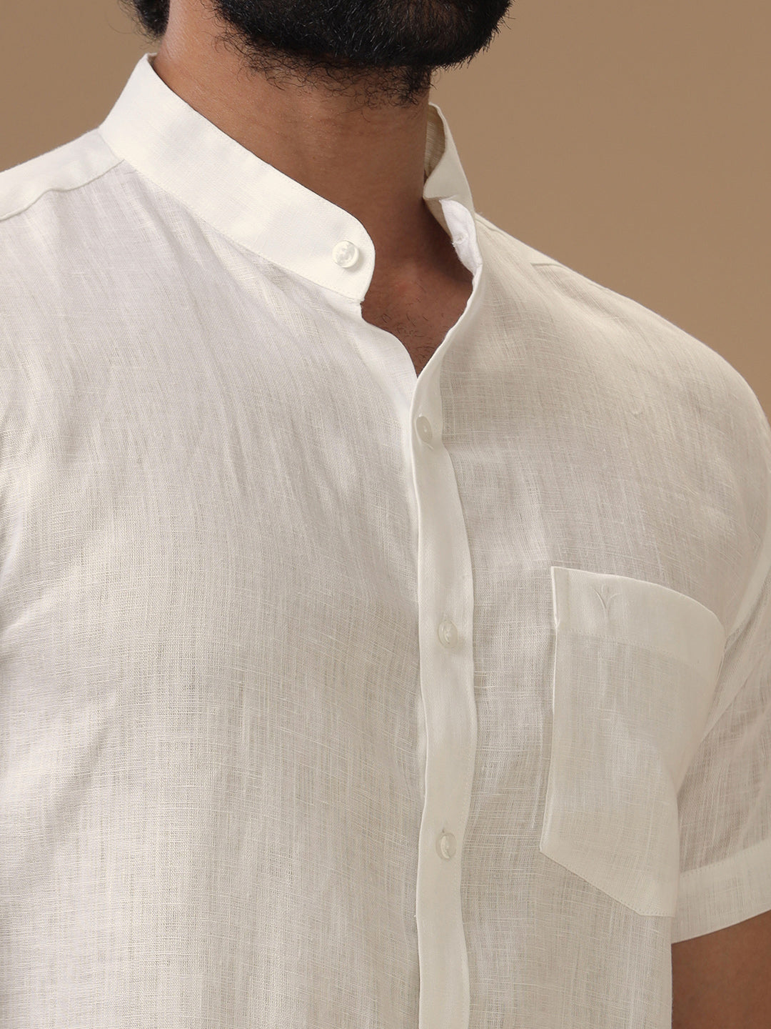 Men Pure Linen Chinese Collar Cream Shirt 5605C