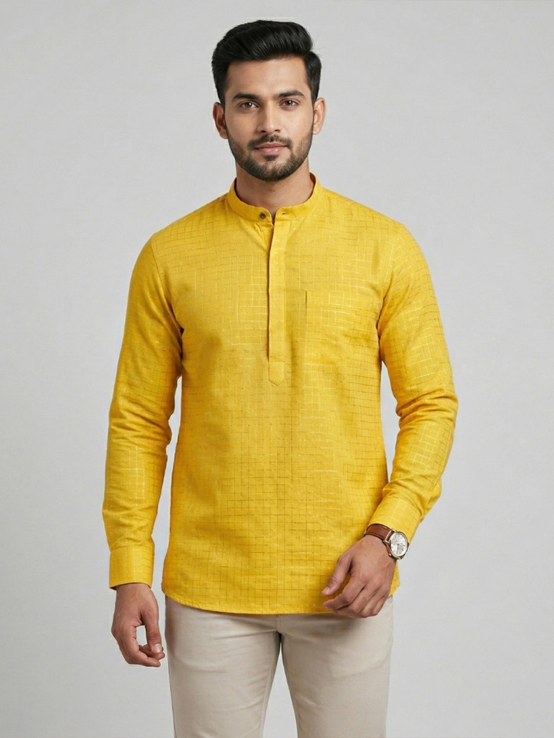 Men Cotton Short Length Self Design with Checked Pocket Kurta Yellow Gold Glitter Y30